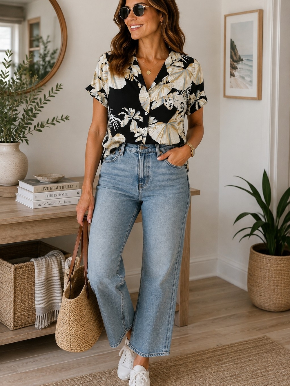 Joan Vass New York Tropical Floral Button Front Blouse Black Ivory M
